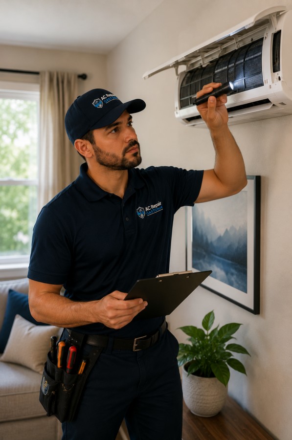 HVAC technician diagnosing a residential AC unit in Gastonia NC during an emergency repair call