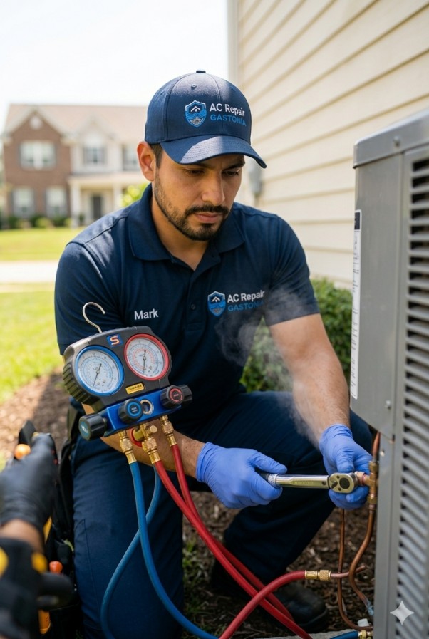 AC Repair gastonia expert repairing refrigerant leak