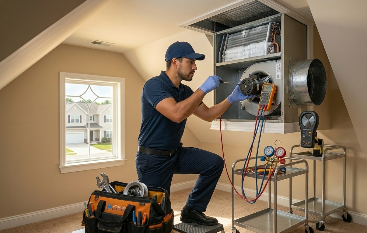 technician conducting a residential AC airflow service visit in Gastonia NC