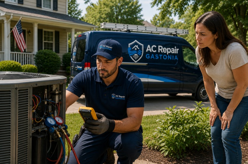 HVAC technician repairing the outdoor AC unit while the homeowner stands nearby during an AC Not Cooling in Belmont service call