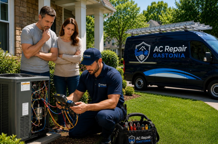 HVAC technician repairing the outdoor AC unit while the homeowner stands nearby during an AC Not Cooling in Bessemer City service call