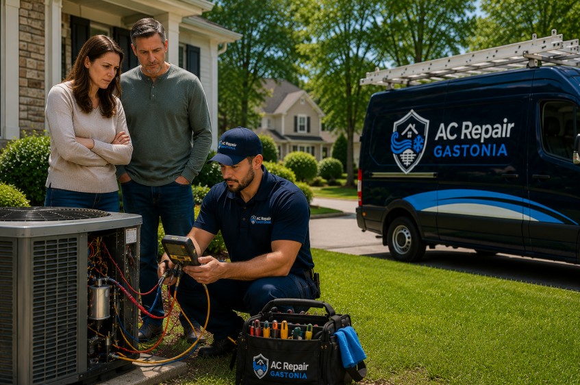 HVAC technician crouched beside the outdoor AC unit, removing the panel and checking the wiring while trying to figure out why the system isn’t cooling properly at a Cherryville home