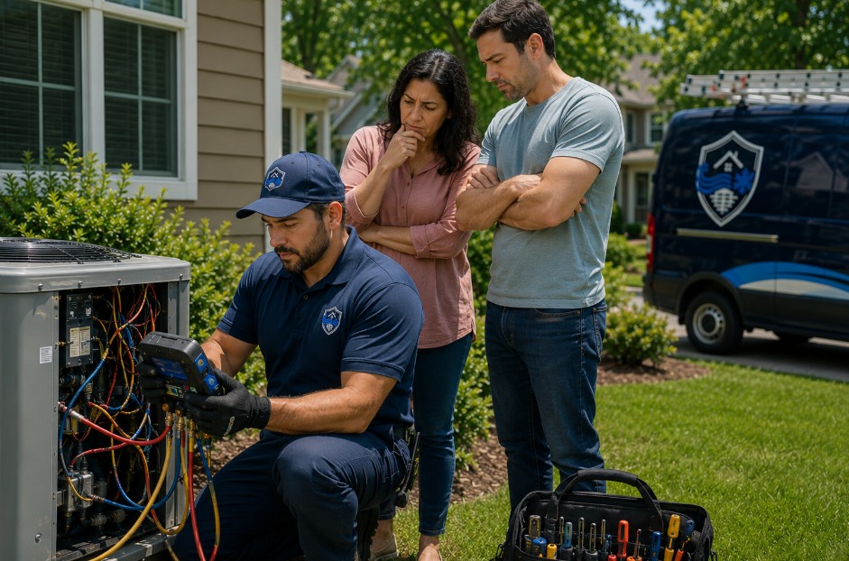 Technician diagnoses an outdoor AC unit while the homeowner watches during an AC not cooling repair in Ranlo, NC