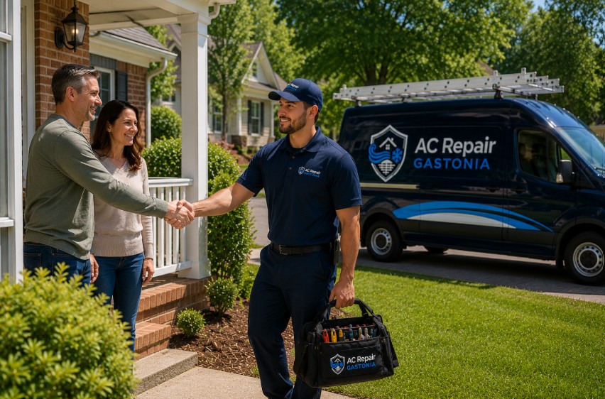 Homeowner greeting an HVAC technician at the door with a handshake as the technician arrives carrying a tool bag for an AC repair service call in Cherryville, NC