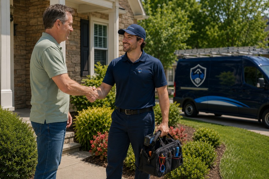 Technician arrives at a home for an AC repair near me service in Ranlo, NC as the homeowner welcomes the visit