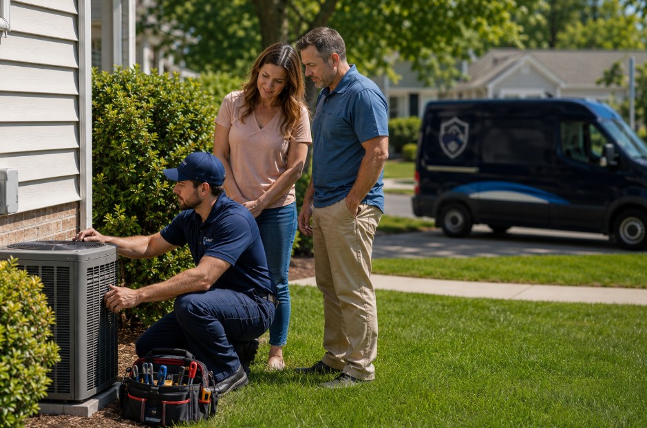Homeowner stands nearby as a technician repairs the outdoor AC unit during an AC repair service in Ranlo, NC