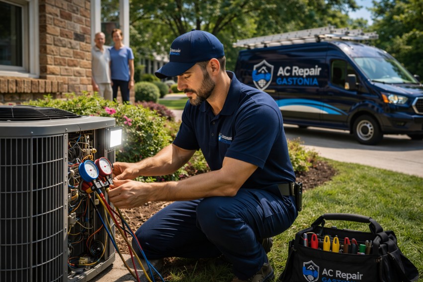 AC Repair Technician Servicing Existing Unit in Lowell NC