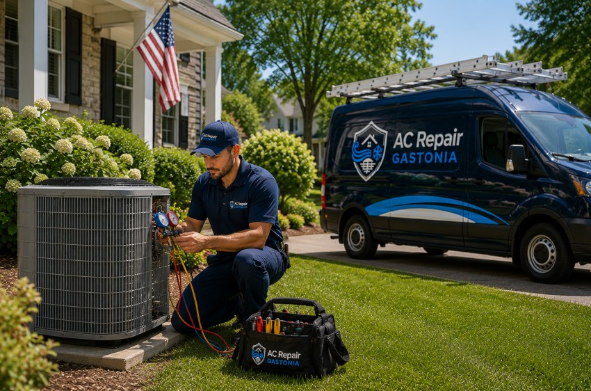 Experienced HVAC technician inspecting and repairing an outdoor air conditioning unit during a scheduled service call in Cherryville, NC