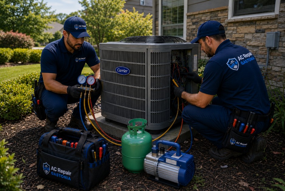 Carrier outdoor air conditioner being repaired by two technicians to restore cooling at a Gastonia NC home