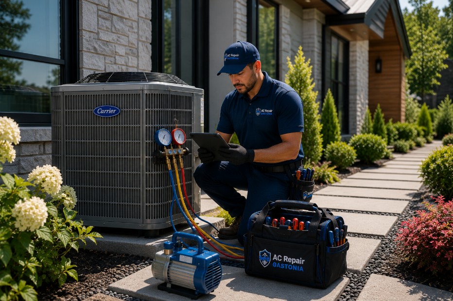 Technician reviewing diagnostic results on a tablet beside a Carrier outdoor AC unit during a repair visit in Gastonia NC