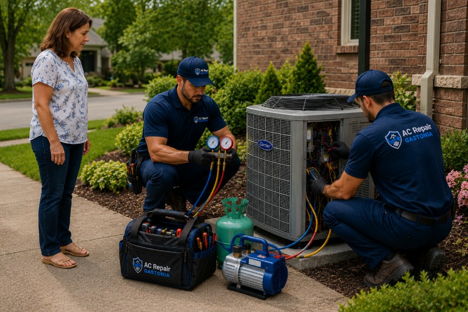 Two technicians servicing a Carrier outdoor AC unit during a Carrier AC repair service in Gastonia NC