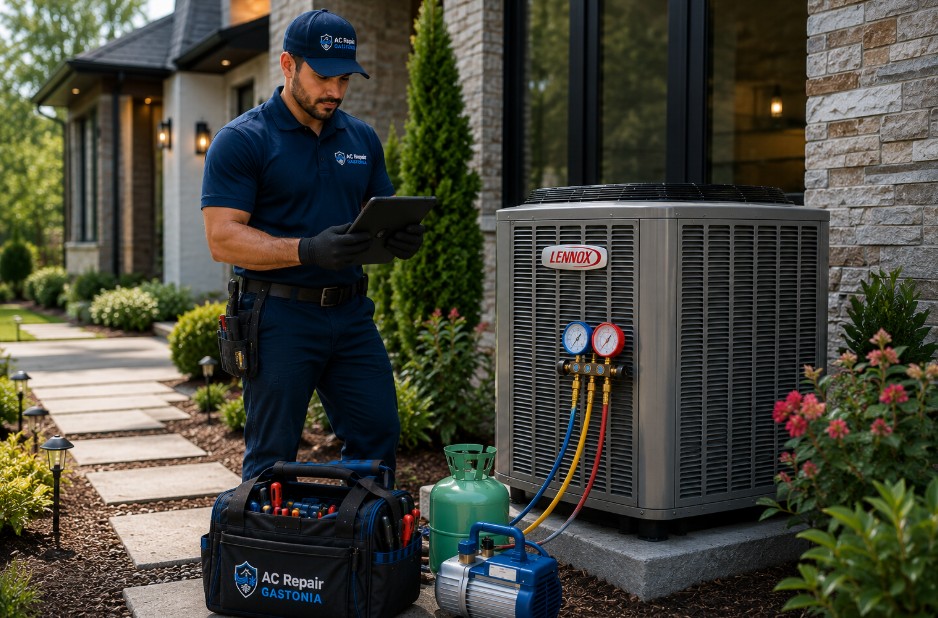 HVAC technician creating a repair quote for a Lennox air conditioning system using a tablet in Gastonia