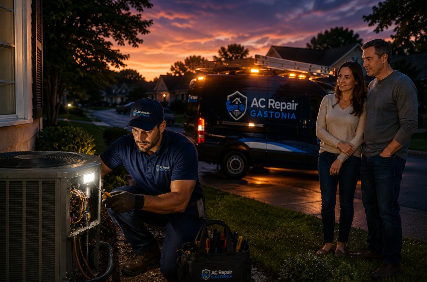 HVAC technician performing an Emergency AC Repair in Belmont during an evening service call, repairing the outdoor AC unit while the homeowner stands nearby watching