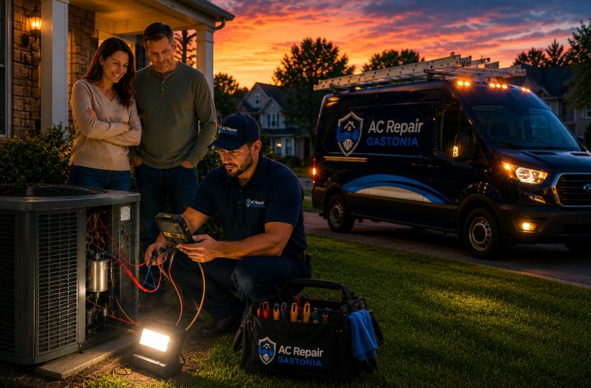 HVAC technician performing an Emergency AC Repair in Bessemer City during an evening service call, repairing the outdoor AC unit while the homeowner stands nearby awaiting the repair