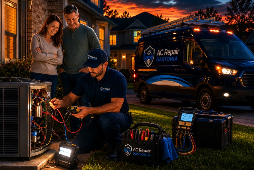 HVAC technician working on the outdoor AC unit in the evening during an emergency repair at a Cherryville home, with the homeowner standing nearby watching the repair in progress