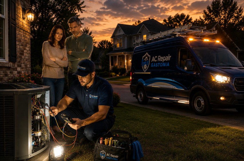 Technician performing emergency AC repair in Dallas during an evening service call while repairing an outdoor air conditioning unit as the homeowner watches nearby