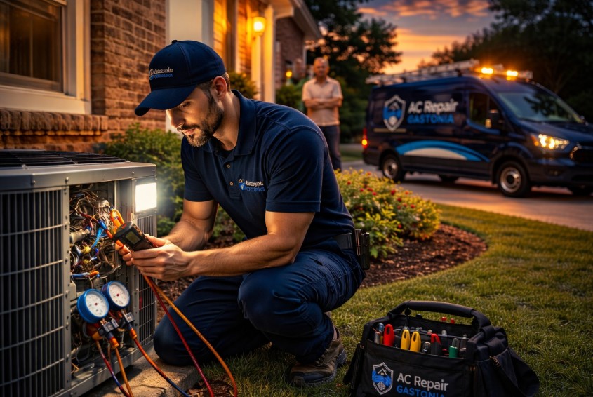 Homeowner watches as a technician repairs the outdoor AC unit during an emergency AC repair service in Lowell, NC