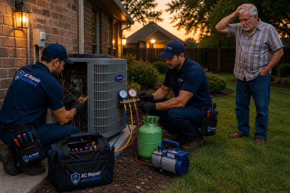 Emergency Carrier AC repair underway as two technicians troubleshoot an outdoor condenser at a home in Gastonia