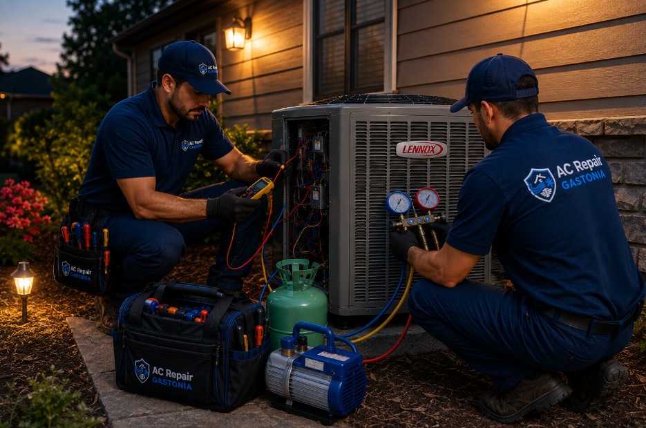 Nighttime emergency service at a Gastonia home as two technicians diagnose a Lennox outdoor condenser that suddenly stopped cooling
