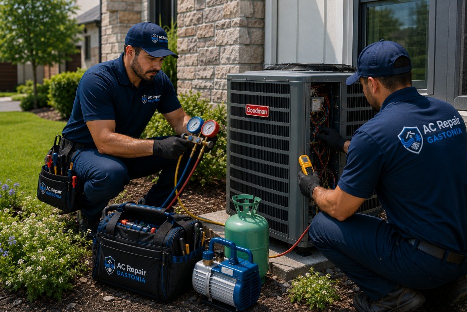 Two technicians working together on a Goodman outdoor air conditioner by testing refrigerant pressures and electrical performance