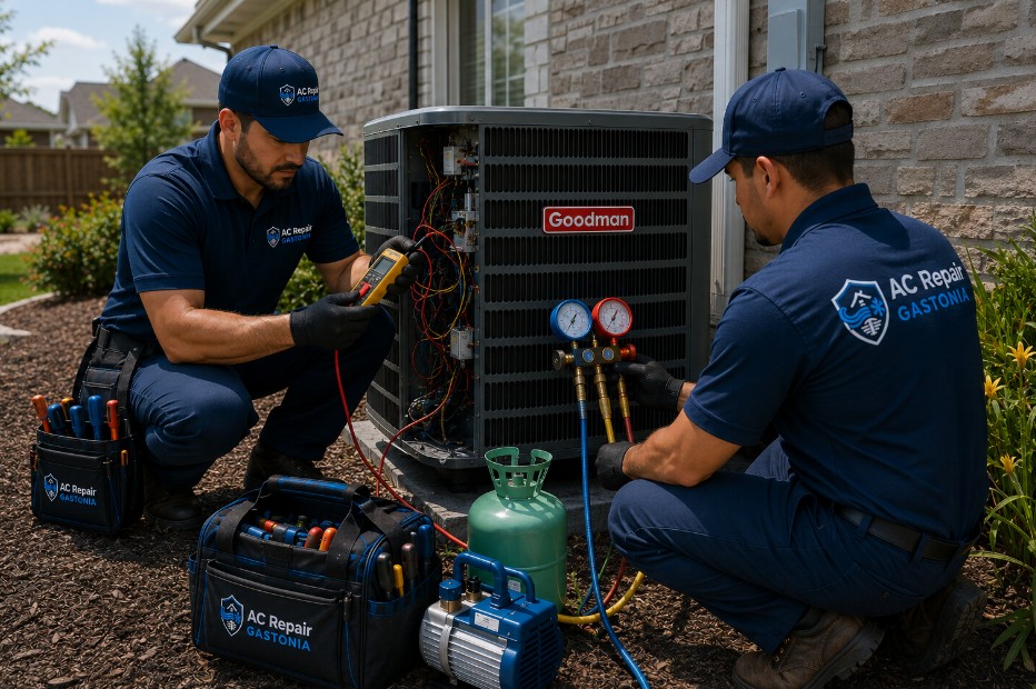 HVAC technicians working together to identify why a Goodman air conditioner stopped working at a Gastonia home