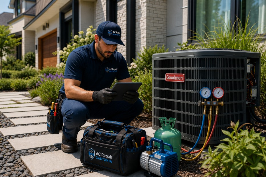 Technician reviewing live diagnostic data on a tablet beside a Goodman outdoor AC unit during a repair visit in Gastonia NC