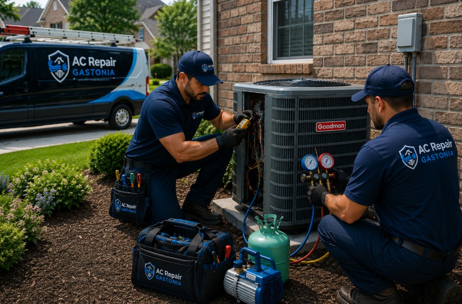 Two HVAC technicians servicing a Goodman outdoor condenser by testing electrical and cooling system components in Gastonia NC