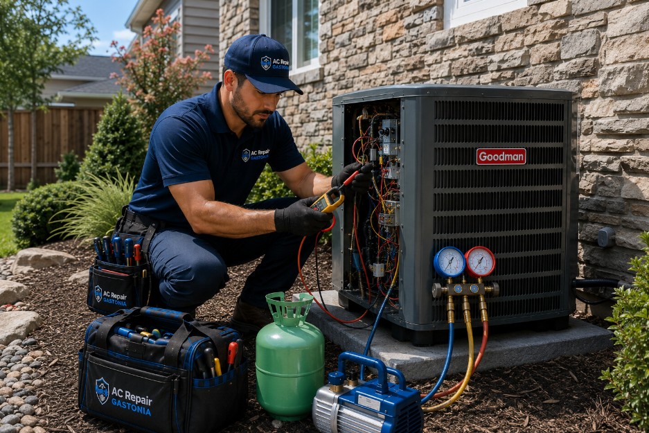 Technician troubleshooting a Goodman outdoor AC unit after it failed to turn on during a residential repair visit in Gastonia NC