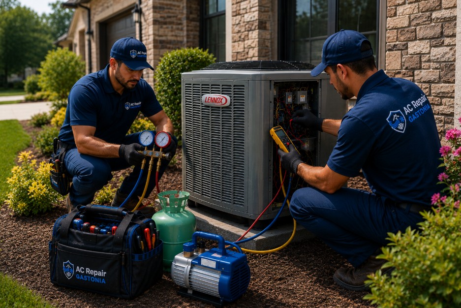 Two technicians working together on a Lennox outdoor air conditioner by checking system pressures and diagnosing the cause of a cooling failure