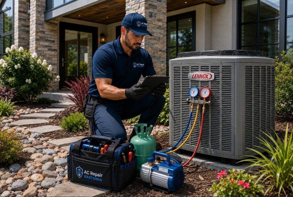 HVAC technician analyzing Lennox system diagnostics on a tablet while inspecting the outdoor condenser in Gastonia