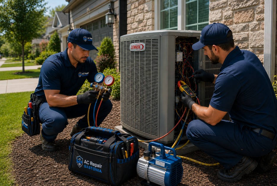 Two technicians testing refrigerant pressures and system performance on a Lennox outdoor air conditioner in Gastonia