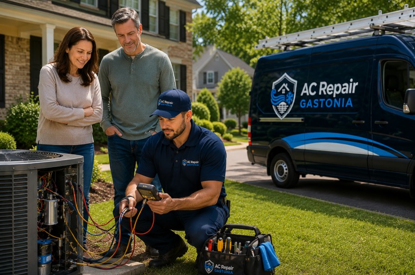 Technician inspecting an outdoor air conditioning unit during a residential AC repair near me service in Dallas, NC while the homeowner stands behind