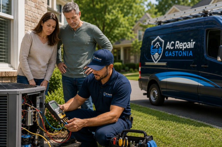 AC Not Cooling in Cramerton technician inspecting an outdoor air conditioning unit while the homeowner stands nearby