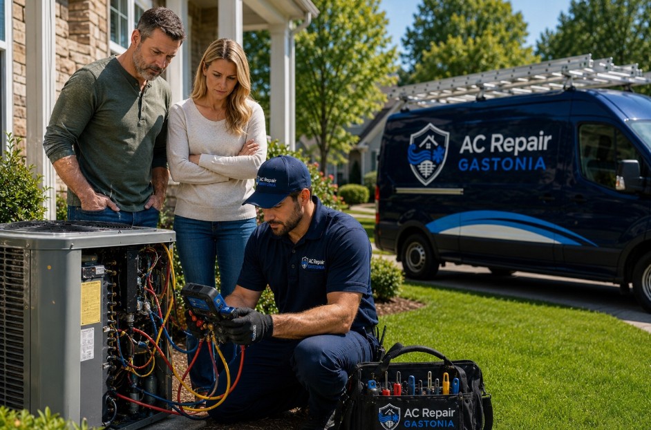 Outdoor air conditioner being diagnosed for an AC not cooling problem in Stanley, NC as the homeowner follows the repair