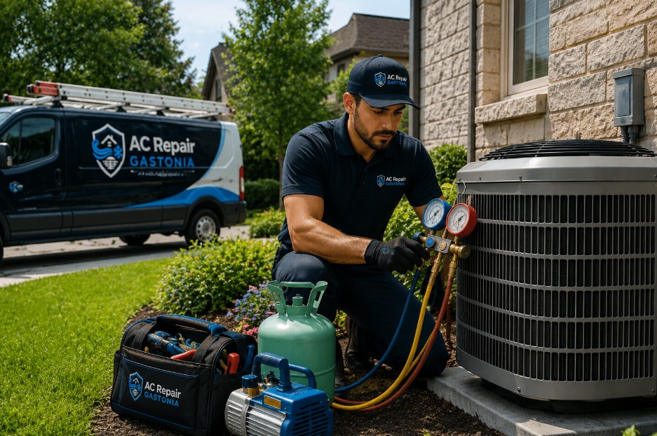 expert inspecting outdoor unit for refigerant recharge in gastonia nc