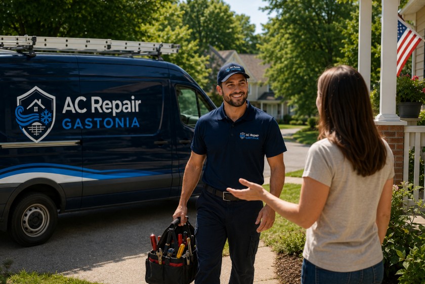 AHVAC technician arriving at a Belmont, NC home with a tool bag while greeting the homeowner for AC Repair Near Me in Belmont NC service