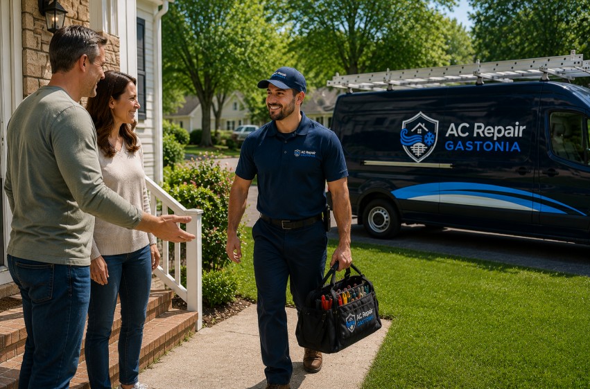 HVAC technician standing at the front door with a tool bag while greeting the homeowner