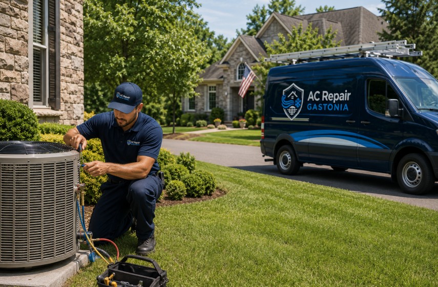 Expert providing AC Repair Services in Cramerton NC by repairing an outdoor AC unit