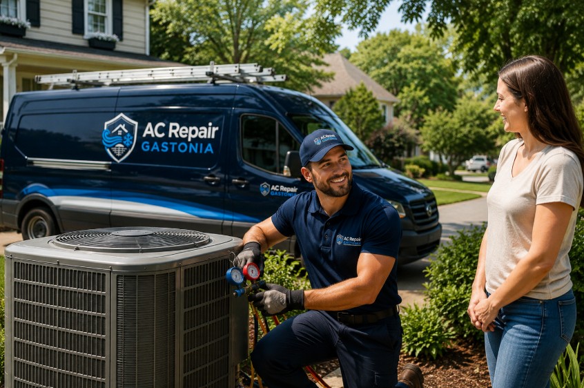 Homeowner speaking with an HVAC technician beside the outdoor AC condenser unit during an air conditioner repair service at a home in Belmont, NC