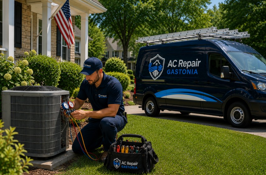 HVAC technician repairing the outdoor AC condenser during an AC Repair Services in Bessemer City NC service call at a residential home