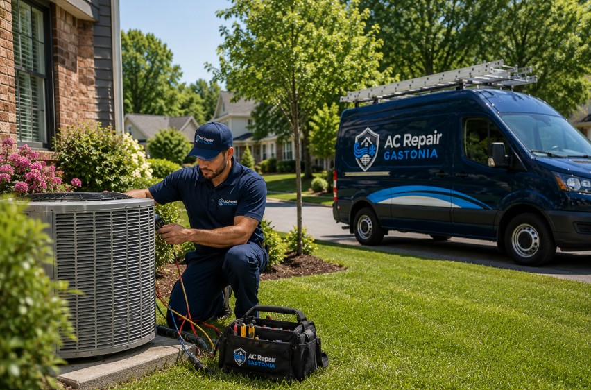 Outdoor air conditioner being repaired by a technician providing AC repair services in Dallas, NC