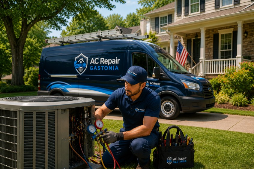 Technician replacing a faulty capacitor while completing an AC repair service at a home in Stanley, NC