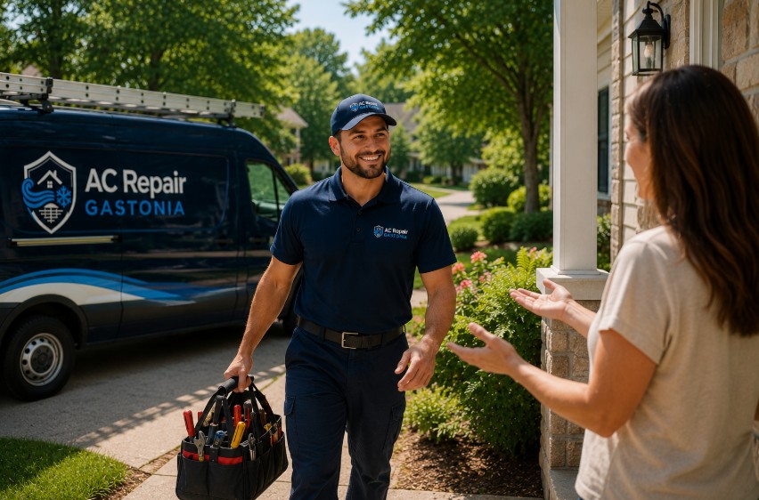Homeowner welcomes a technician at the door for an AC repair near me visit in Stanley, NC