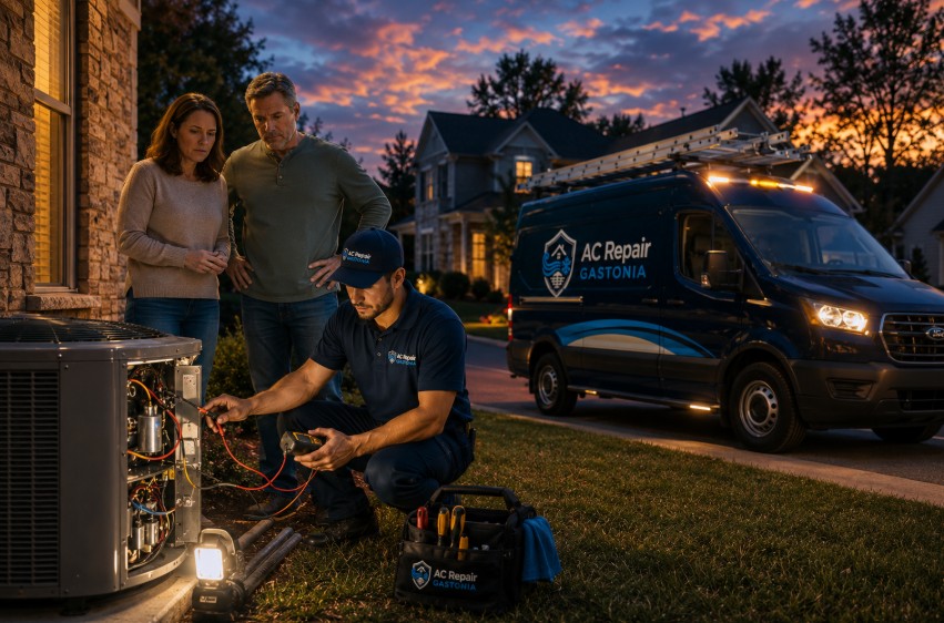 Emergency AC Repair in Cramerton technician repairing an outdoor air conditioning condenser unit during an evening service call