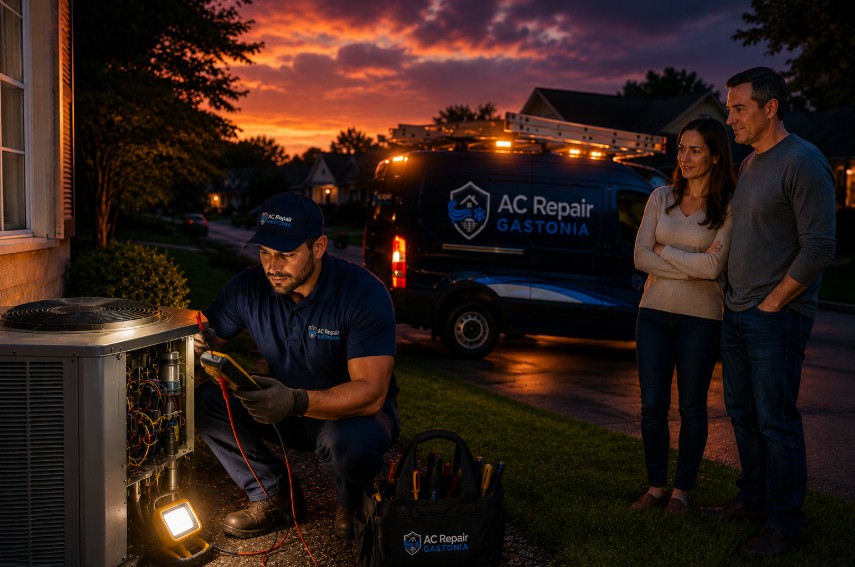 Technician repairs a failed outdoor AC condenser after an emergency cooling breakdown at a home in Stanley, NC