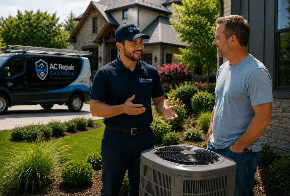 expert guiding homeowner about ac recharge in gastonia
