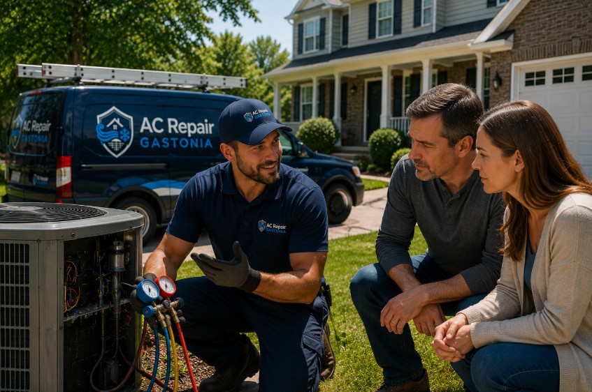 Technician explains the cause of the AC problem to a homeowner during a residential AC repair visit in Stanley, NC