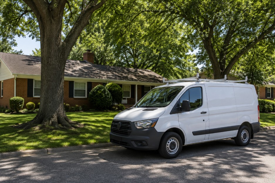 HVAC service van parked on a residential street in Gastonia North Carolina with a well-maintained brick ranch house and mature oak trees in the background on a clear day